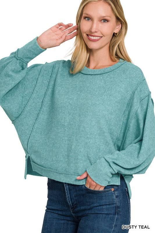 Zenana Exposed Seam Sweater DUSTY TEAL L XL Sweaters