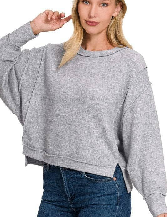 Zenana Exposed Seam Sweater H GREY L XL Sweaters