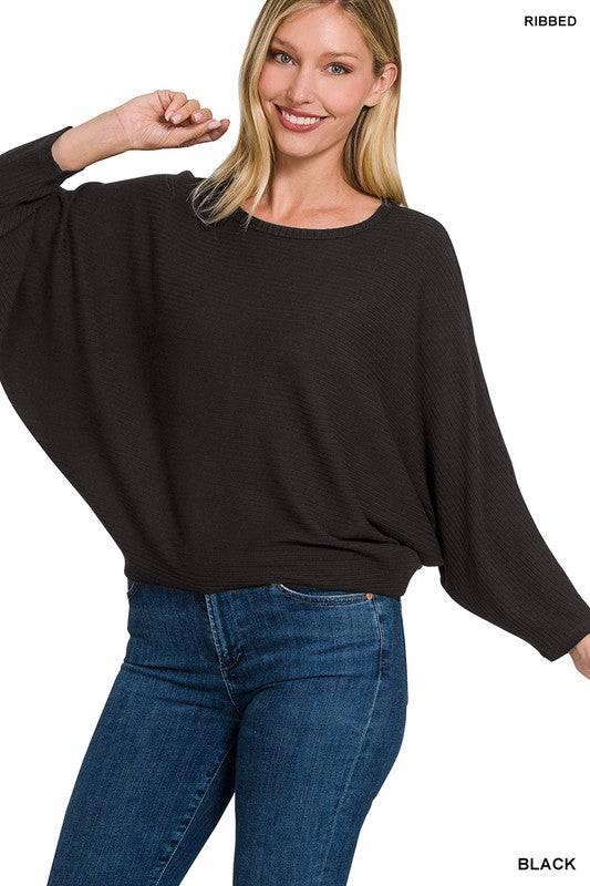 Zenana Dolman Sleeve Knit Top BLACK Shirts & Tops