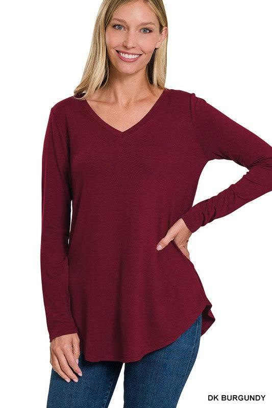 Zenana v-neck long sleeve tunic top DK BURGUNDY Shirts & Tops