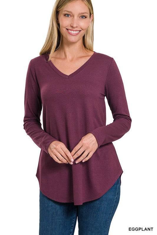 Zenana v-neck long sleeve tunic top EGGPLANT S Shirts & Tops