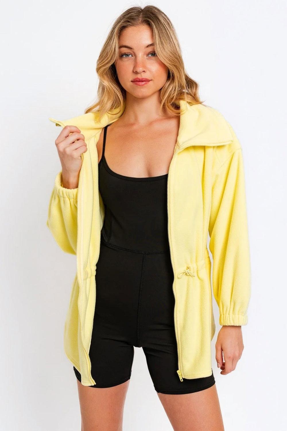 Zip Up Waist Drawstring Soft Fleece Jacket Citron Yellow Coats & Jackets