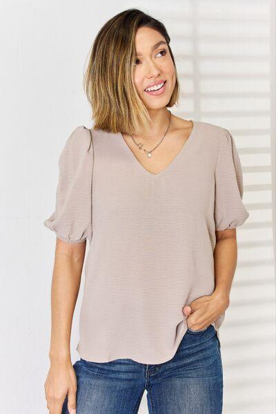 Zenana V-Neck Puff Sleeve Blouse Light Mocha Shirts & Tops