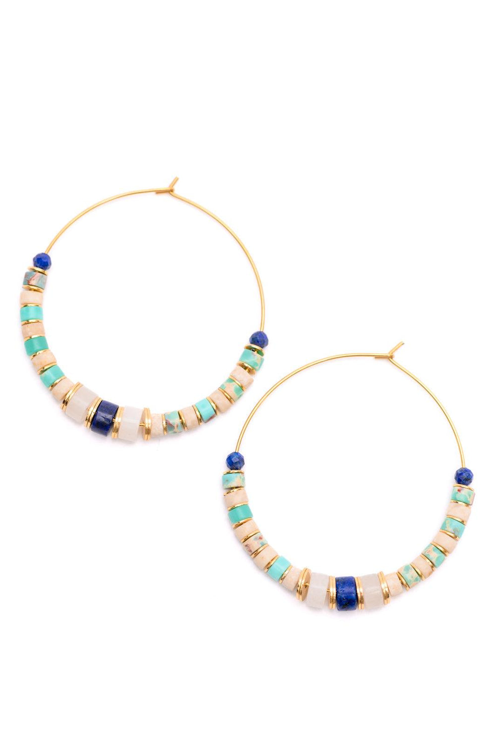 Beaded Lazuli Stone Titanium Hoop Earrings OS Gold Earrings