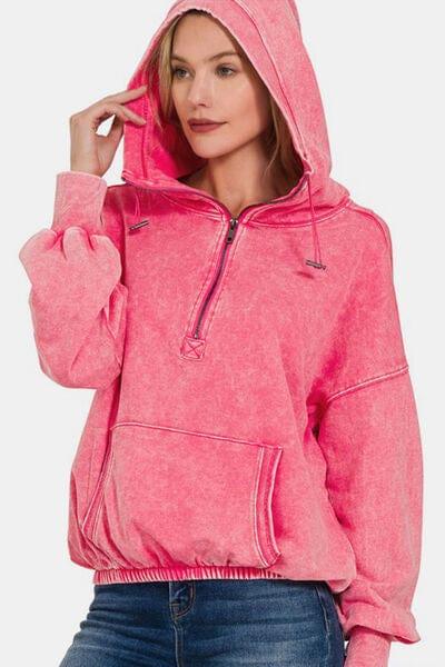 Zenana Dropped Shoulder Cotton Half Zip Hoodie Hoodies