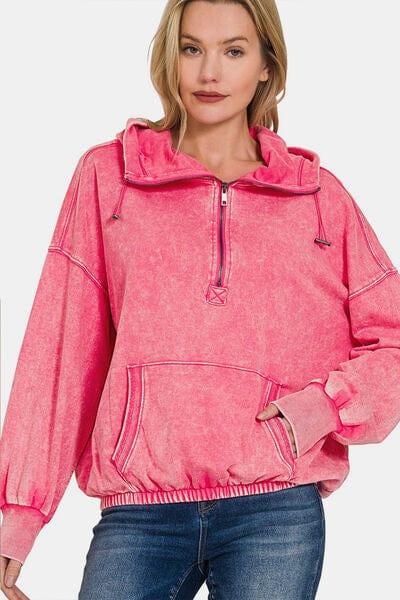 Zenana Dropped Shoulder Cotton Half Zip Hoodie FUCHSIA Hoodies