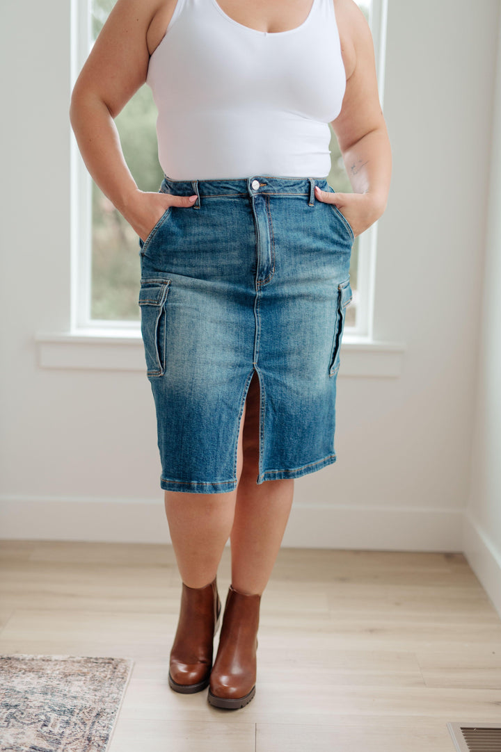 High Rise Front Slit Cargo Denim Skirt Skirts