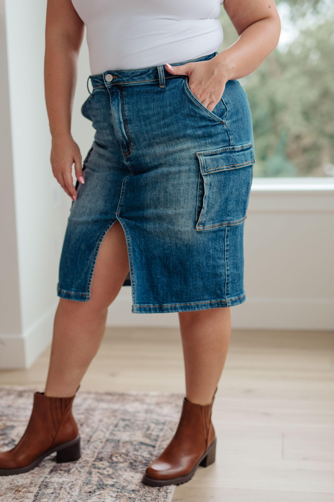 High Rise Front Slit Cargo Denim Skirt Skirts