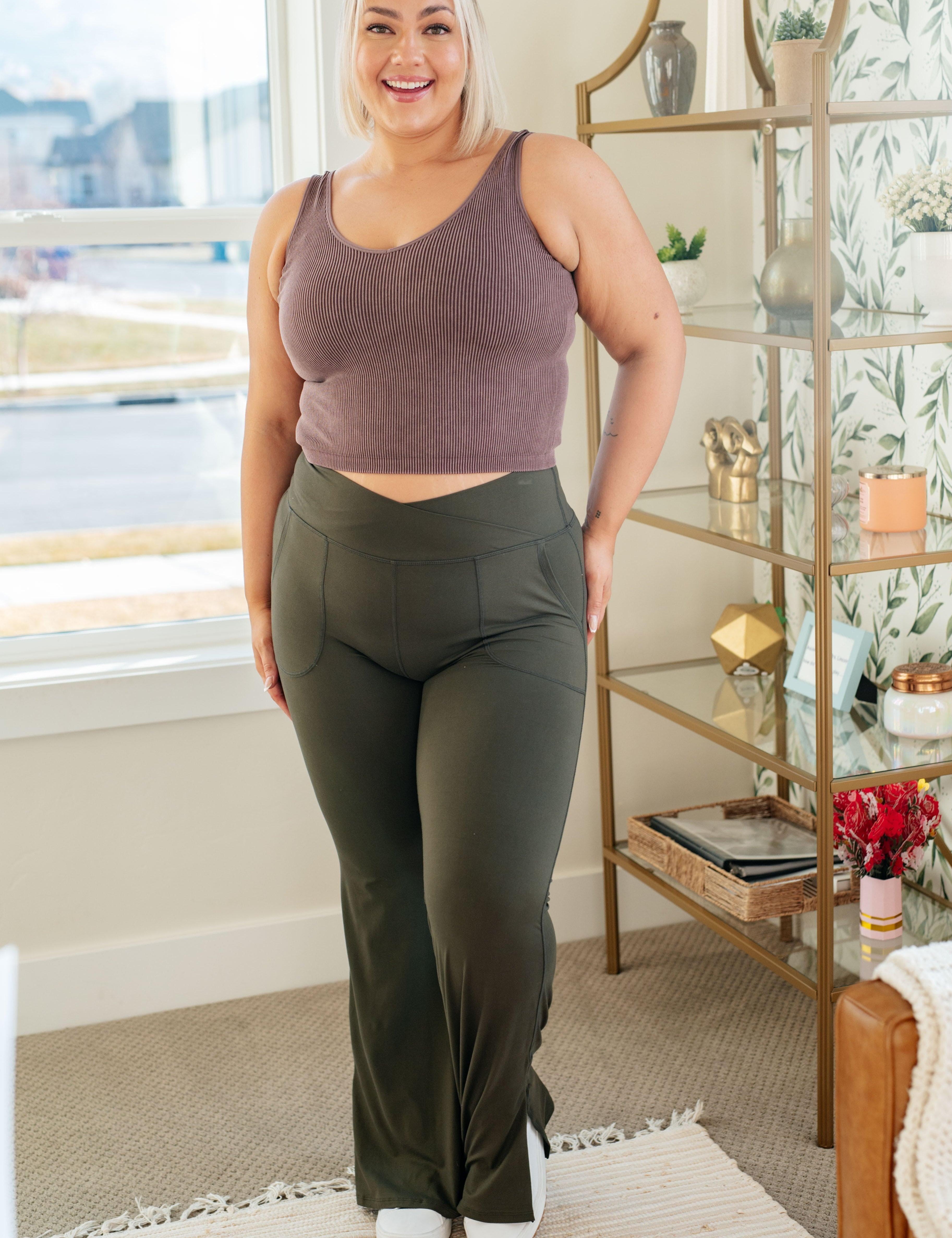 On the Move V Front Flare Leggings in Olive | Bottoms Daverri Fashions