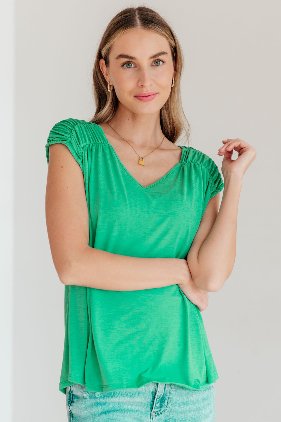 Ruched Cap Sleeve Top in Emerald Green Shirts & Tops