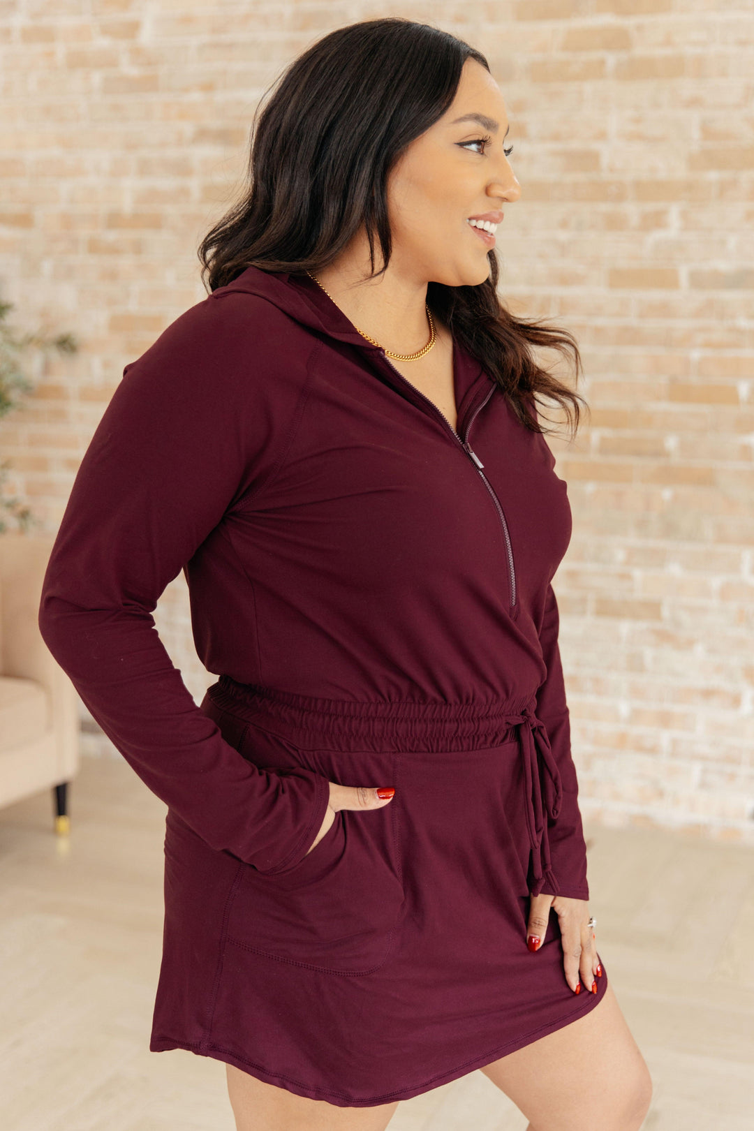 Maroon Long Sleeve Hoodie Romper Rompers