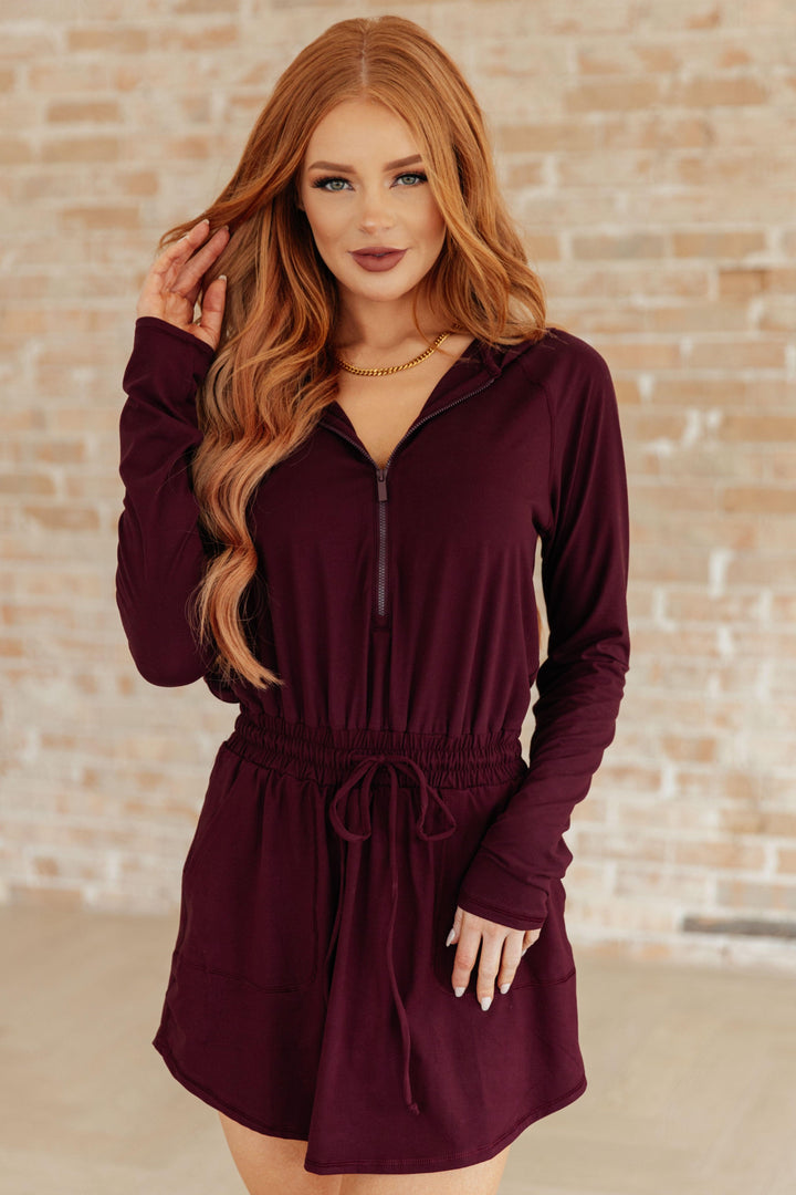 Maroon Long Sleeve Hoodie Romper Rompers