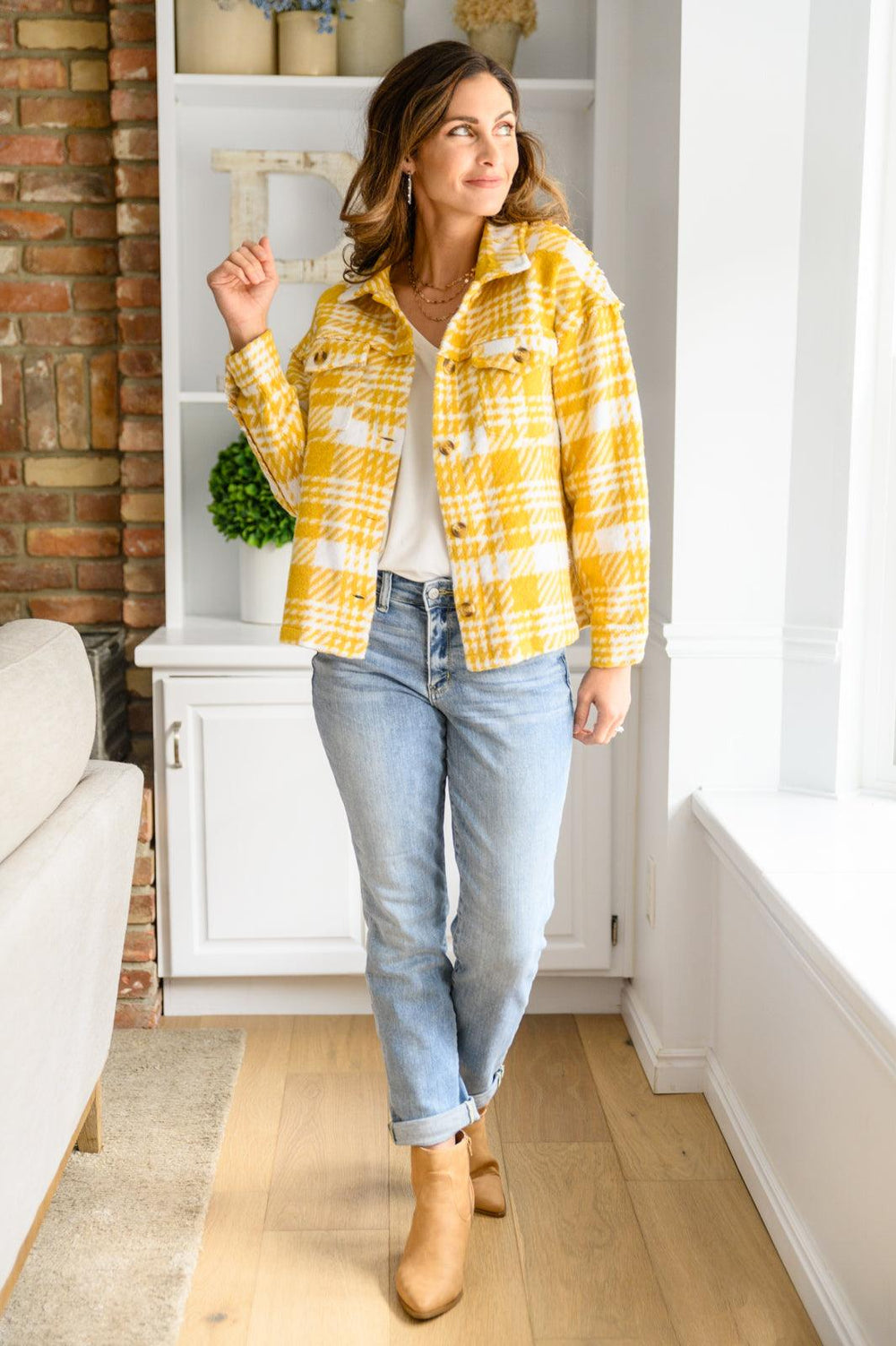 Jodifl Button Down Yellow Plaid Shacket Tops