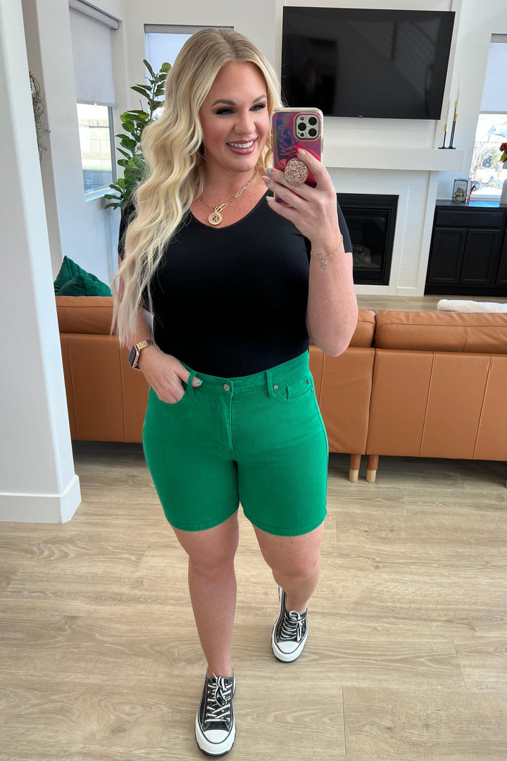 Jenna High Rise Control Top Cuffed Shorts in Green Shorts