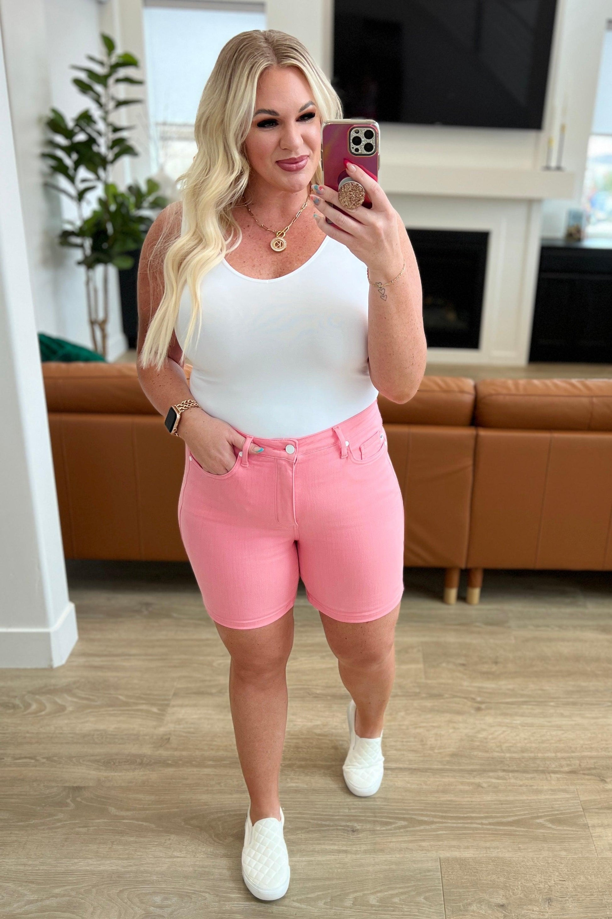 Judy Blue Pink High Rise Control Top Cuffed Shorts Denim Shorts