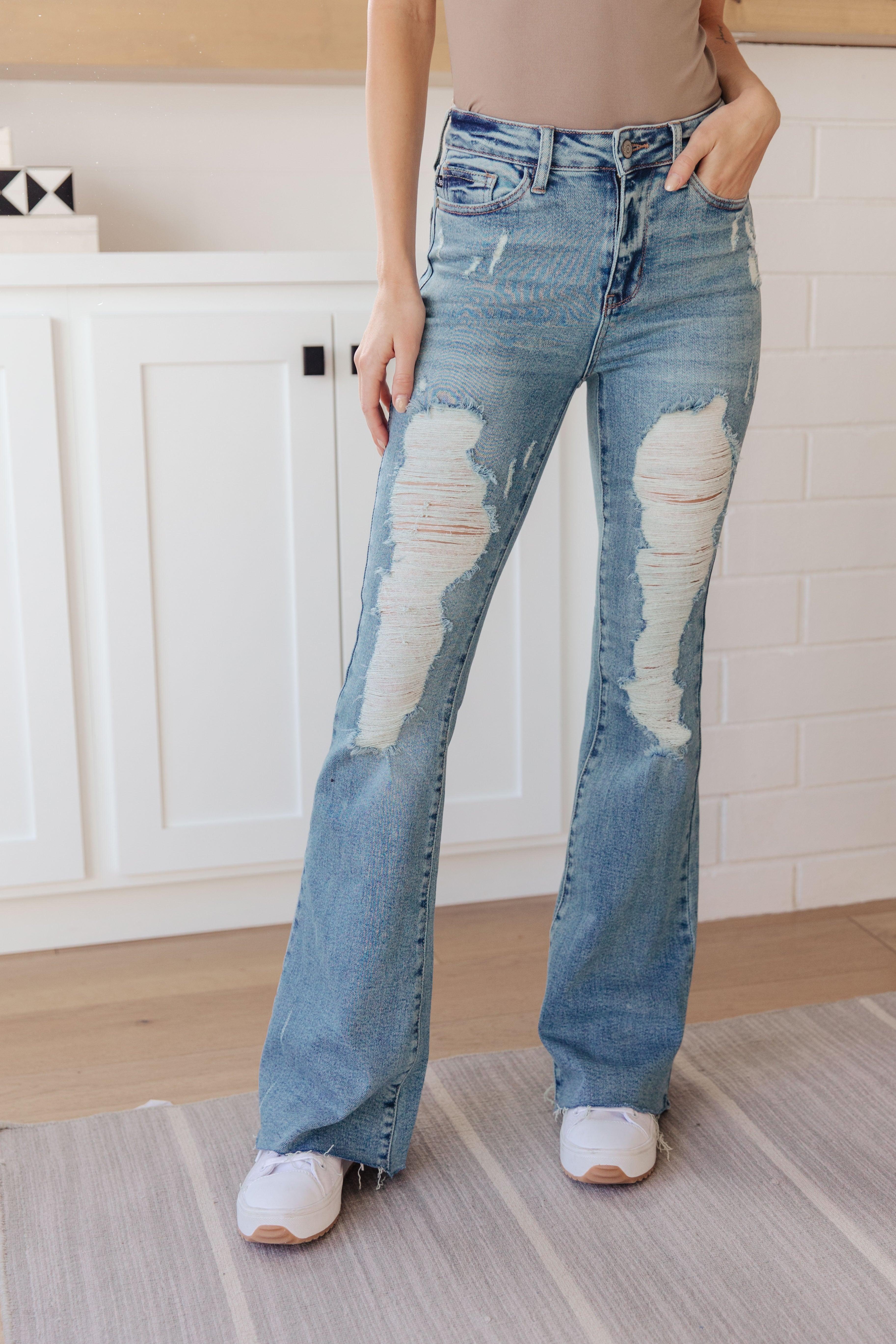 High Rise Heavy Destroyed Flare Jeans | Jeans Daverri Fashions