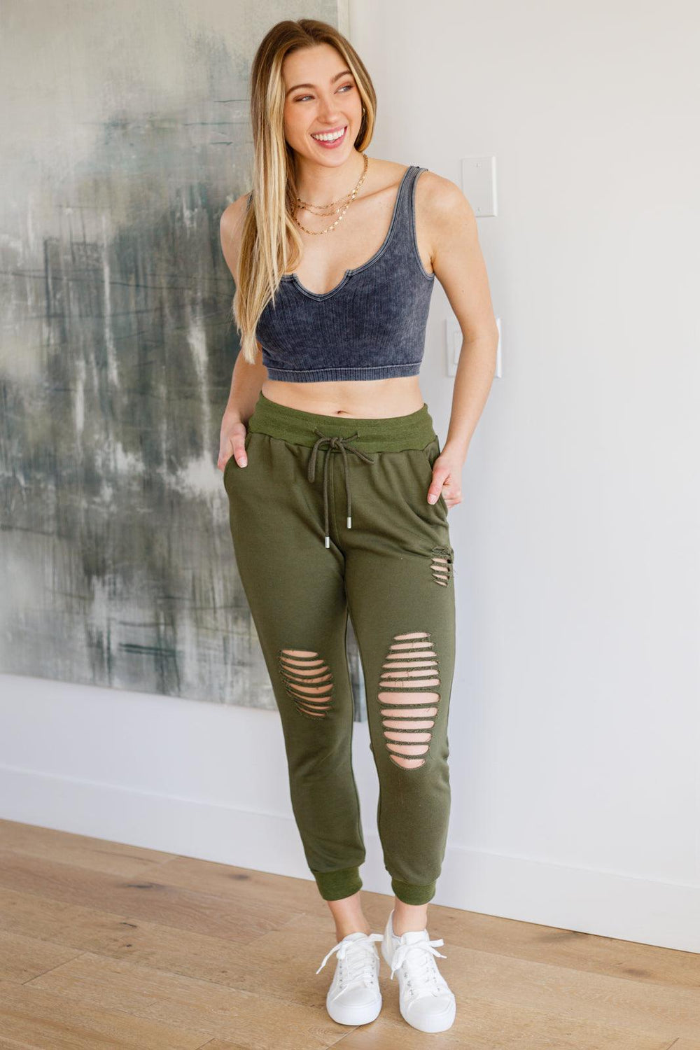 White Birch Olive Distressed Joggers Lounge Pants