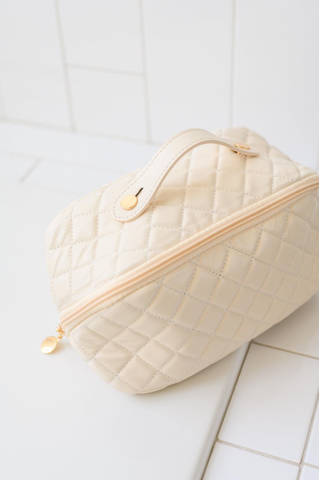 Large Capacity Quilted Makeup Bag in Cream Makeup Bags