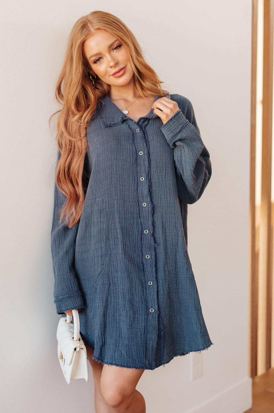 Raw Hem Mineral Wash Shirt Dress Mini Dresses