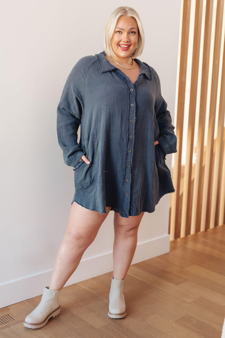 Raw Hem Mineral Wash Shirt Dress 2XL Blue Mini Dresses