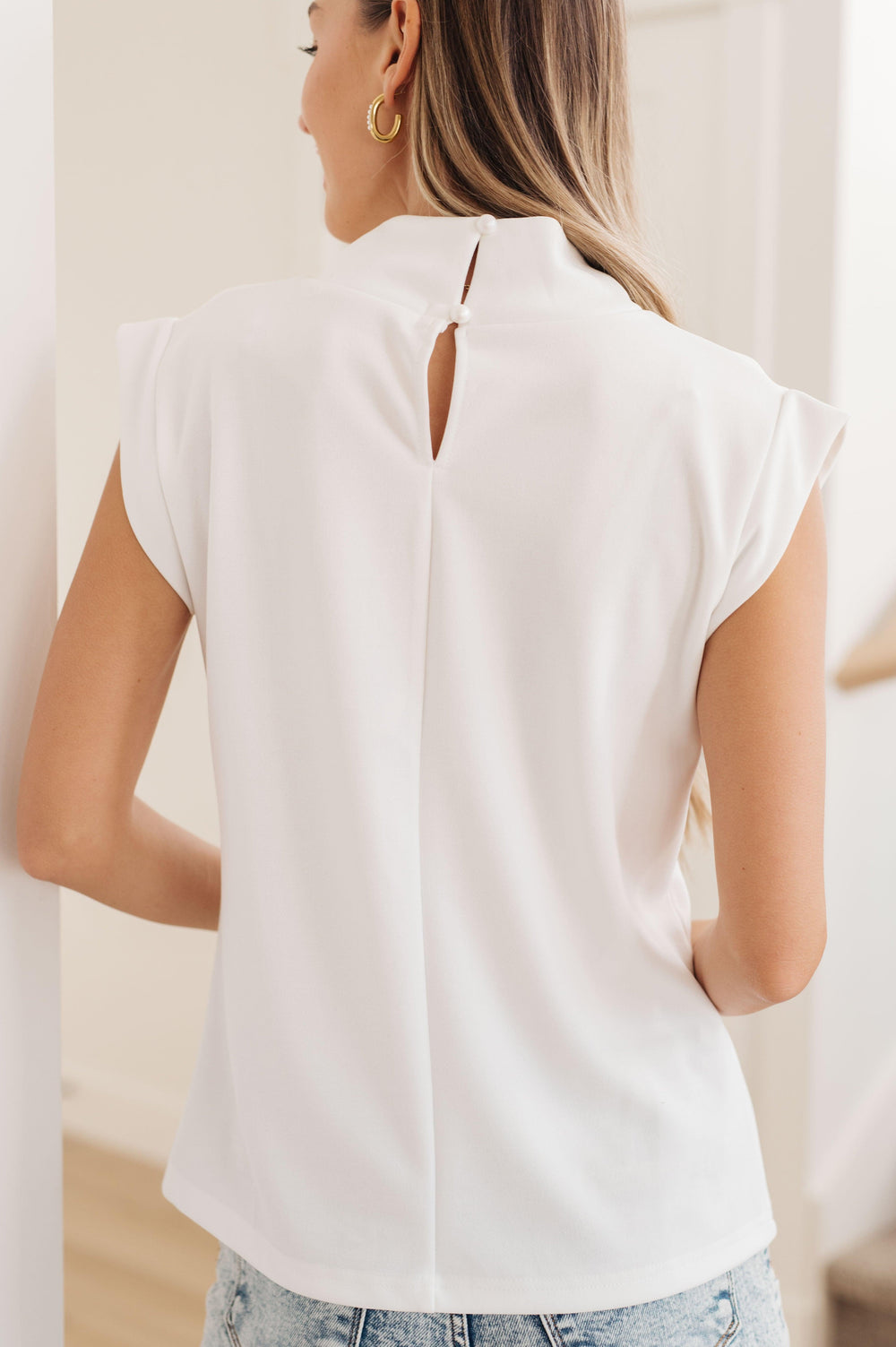 White Mock Neck Cap Sleeve Top Shirts & Tops