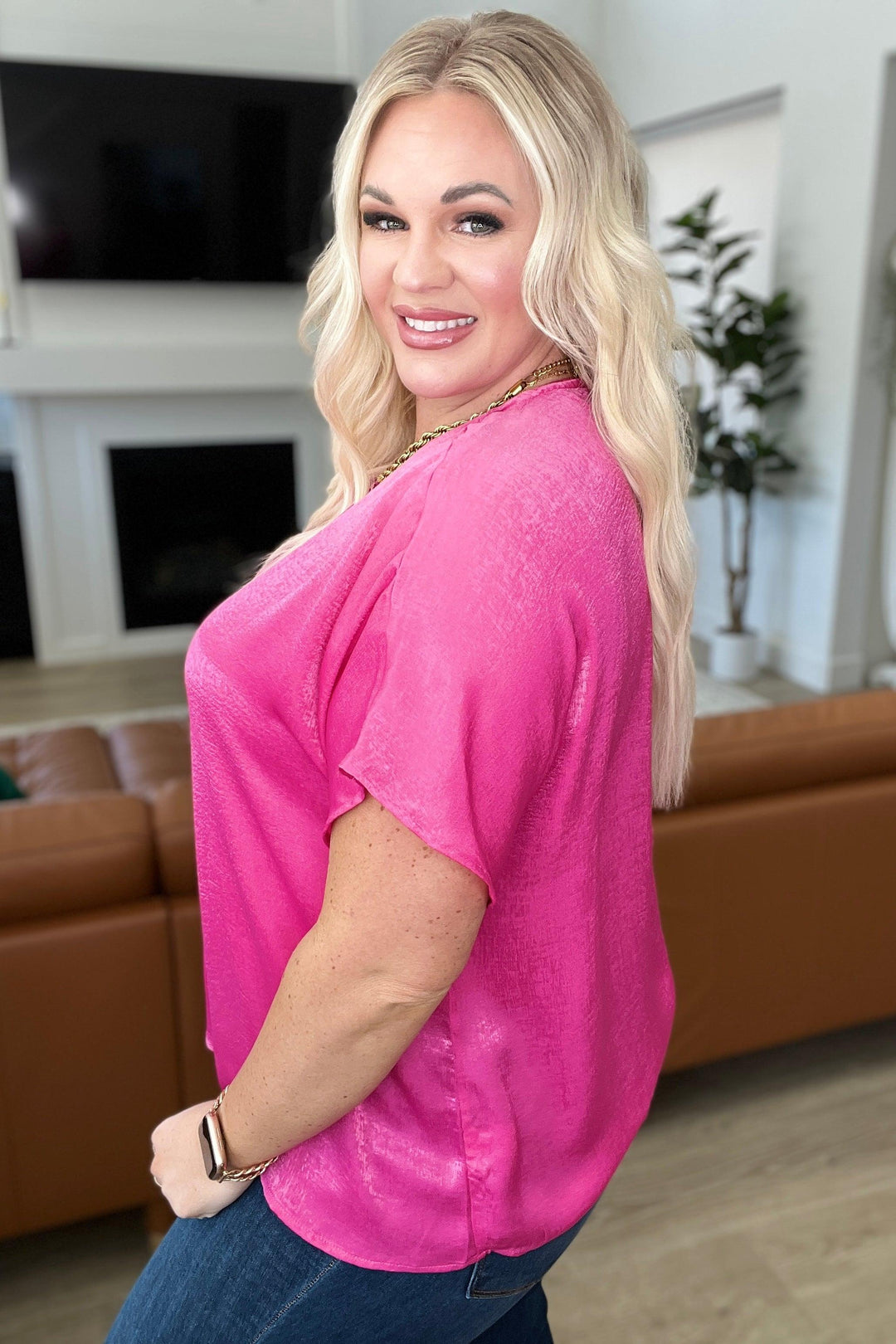 Pleat Front V-Neck Top in Hot Pink Shirts & Tops