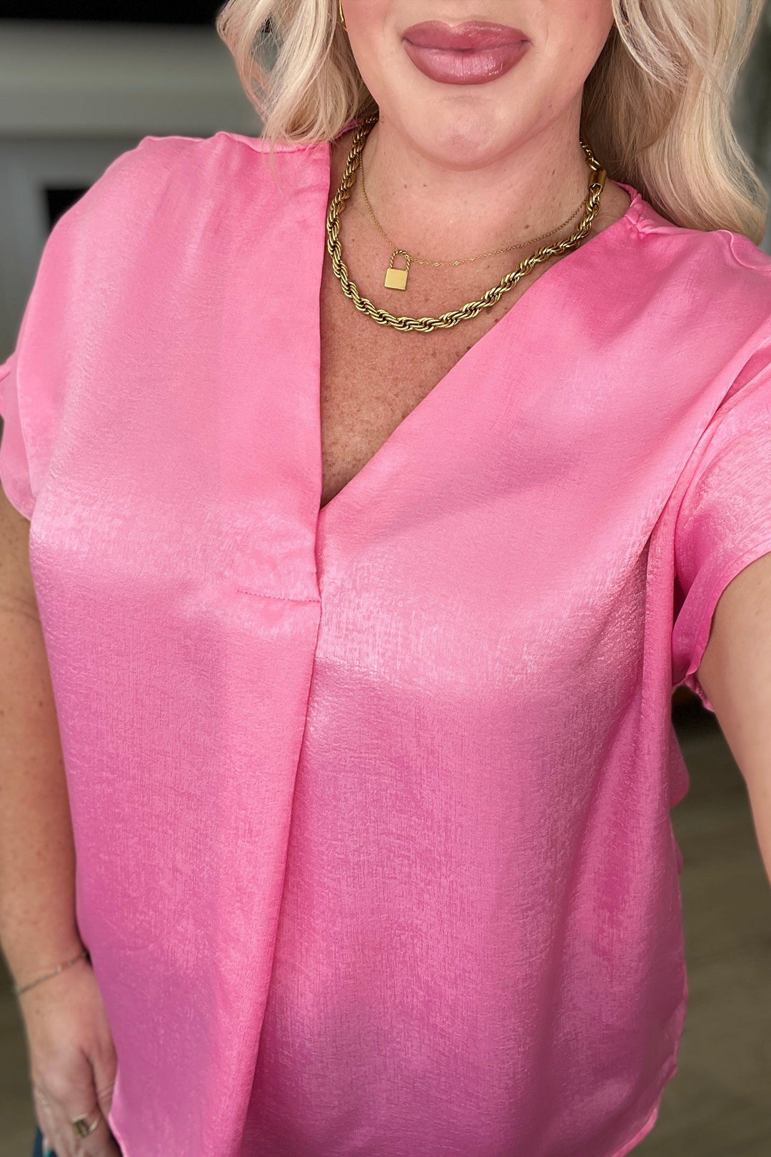 Short Sleeve V-Neck Pink Satin Top Shirts & Tops