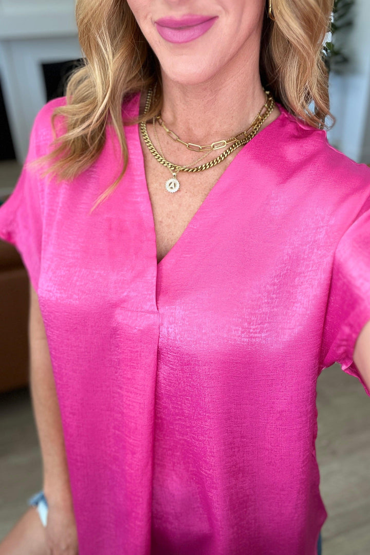 Pleat Front V-Neck Top in Hot Pink Shirts & Tops