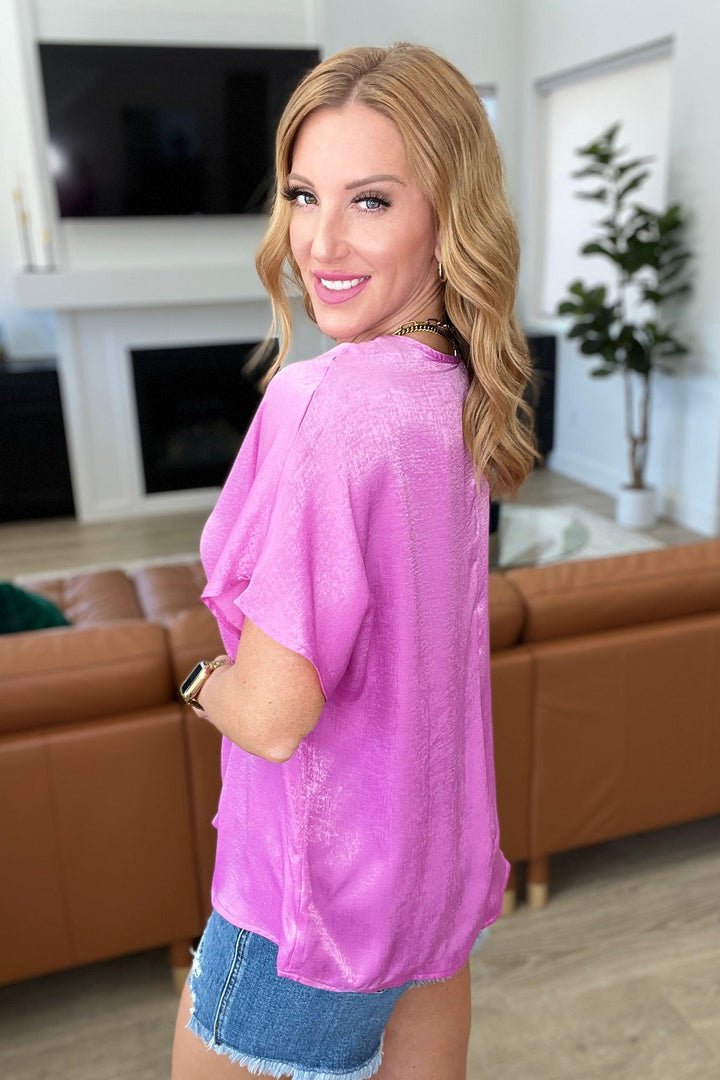 Pleat Front V-Neck Top in Spring Orchid Shirts & Tops