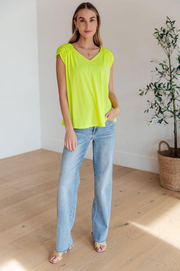 Ruched Cap Sleeve Top in Neon Green Shirts & Tops