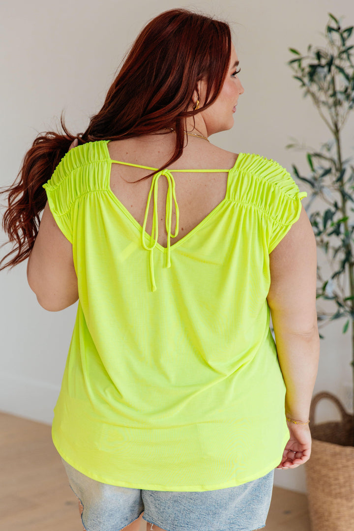 Ruched Cap Sleeve Top in Neon Green Shirts & Tops