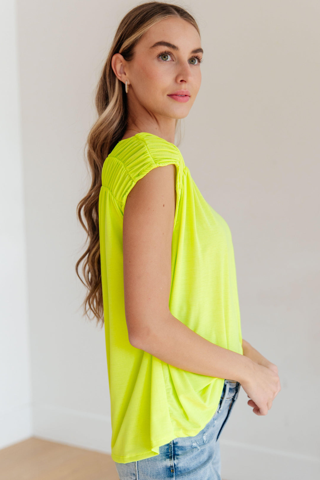 Ruched Cap Sleeve Top in Neon Green Shirts & Tops