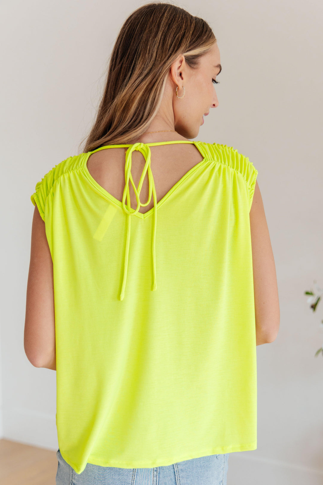 Ruched Cap Sleeve Top in Neon Green Shirts & Tops