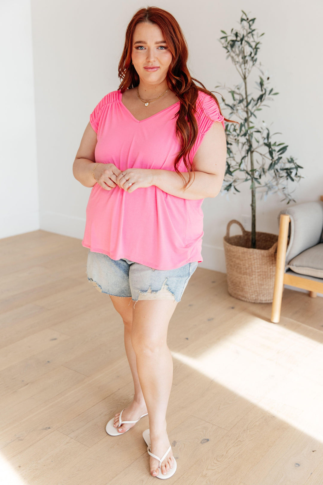 Ruched Cap Sleeve Top in Neon Pink Shirts & Tops