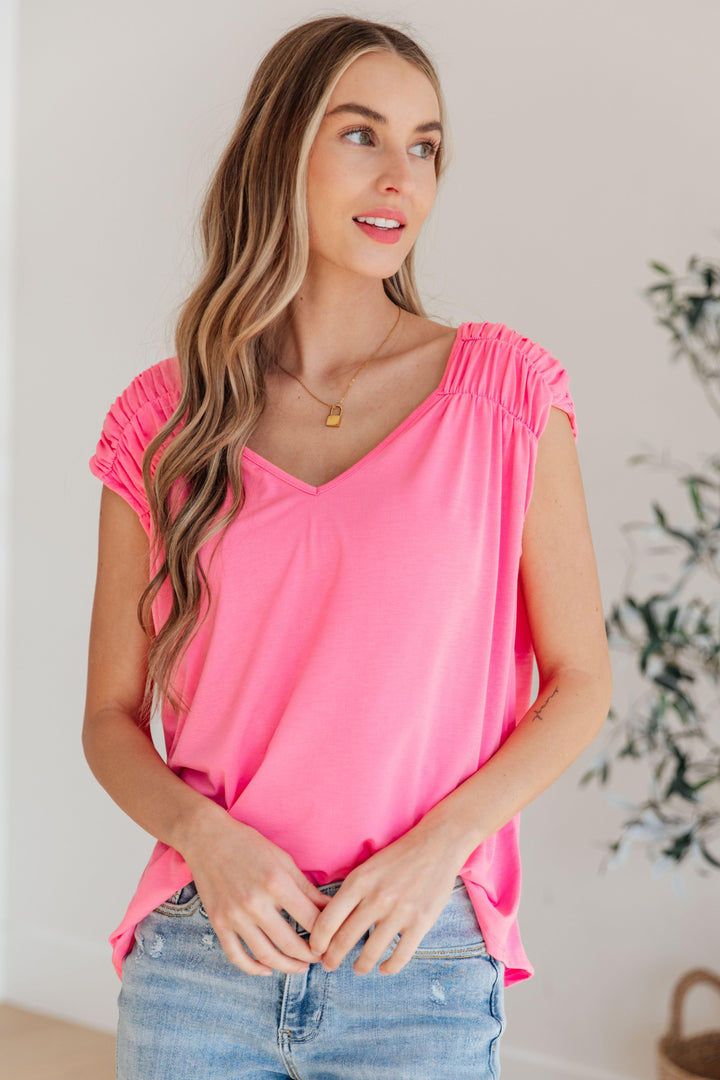 Ruched Cap Sleeve Top in Neon Pink 2XL Shirts & Tops