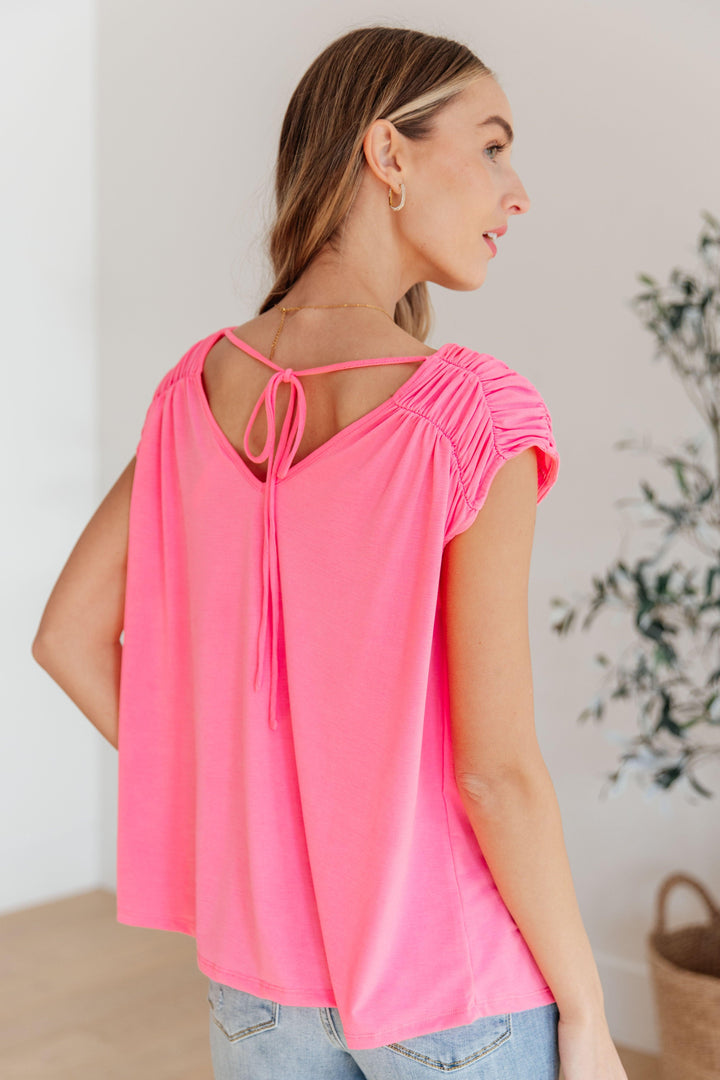Ruched Cap Sleeve Top in Neon Pink Shirts & Tops