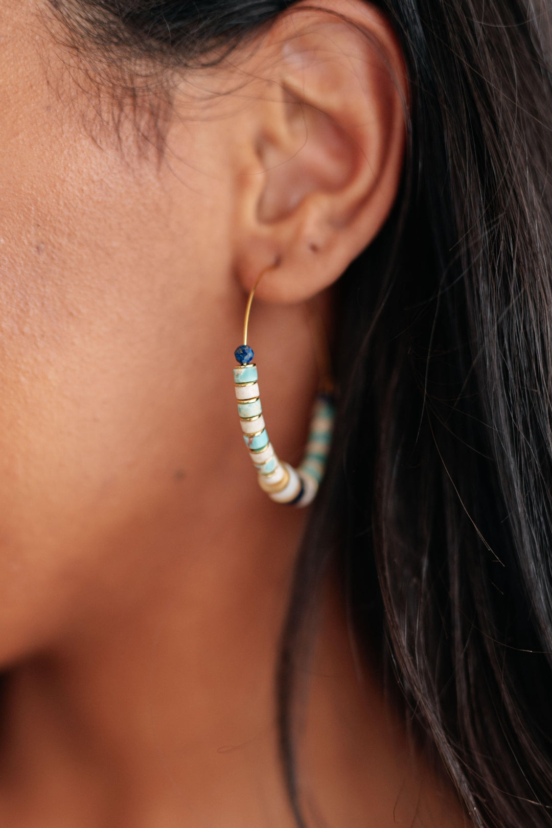 Beaded Lazuli Stone Titanium Hoop Earrings Earrings