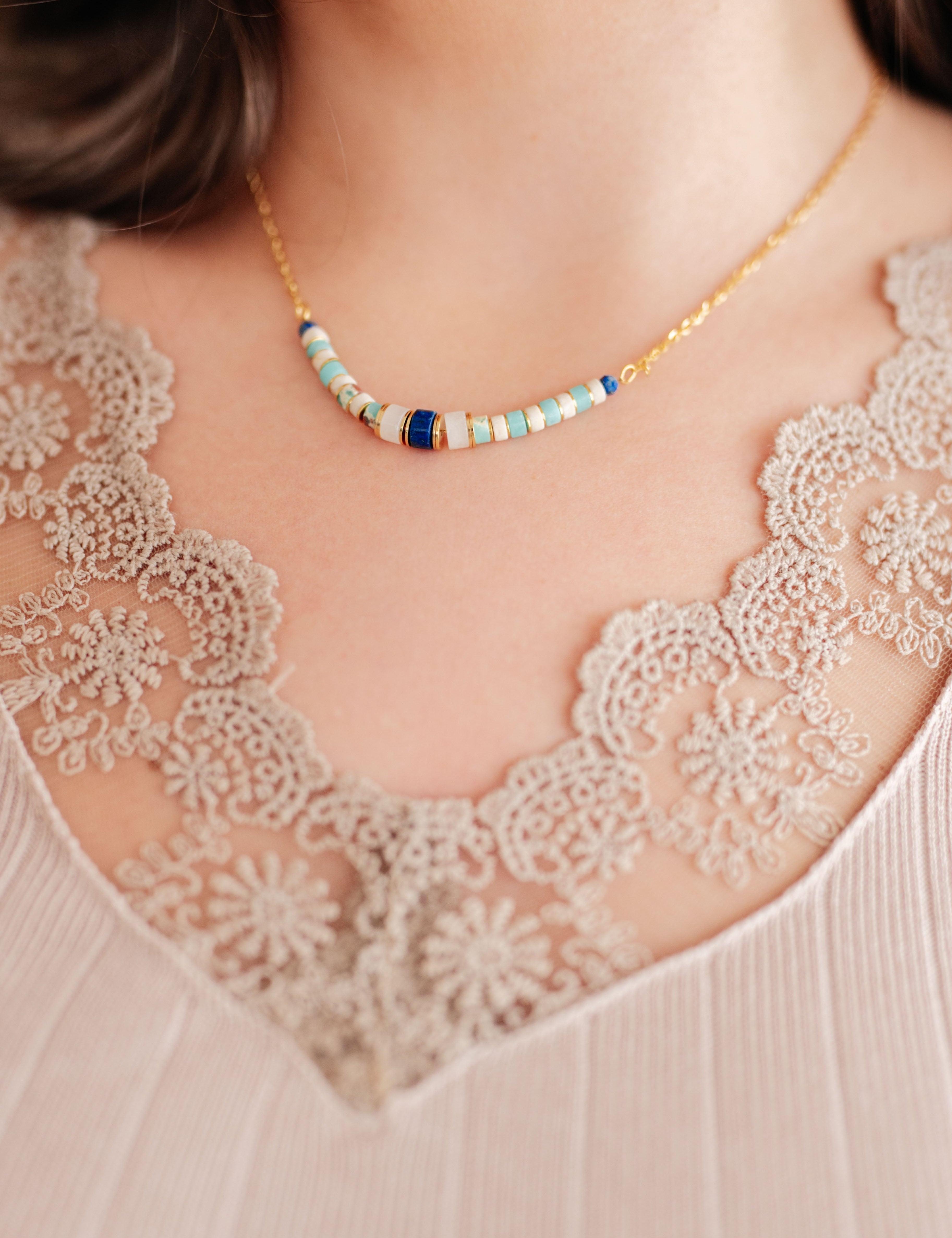 Lapis Lazuli Beaded Titanium Steel Necklace | Necklaces Daverri Fashions