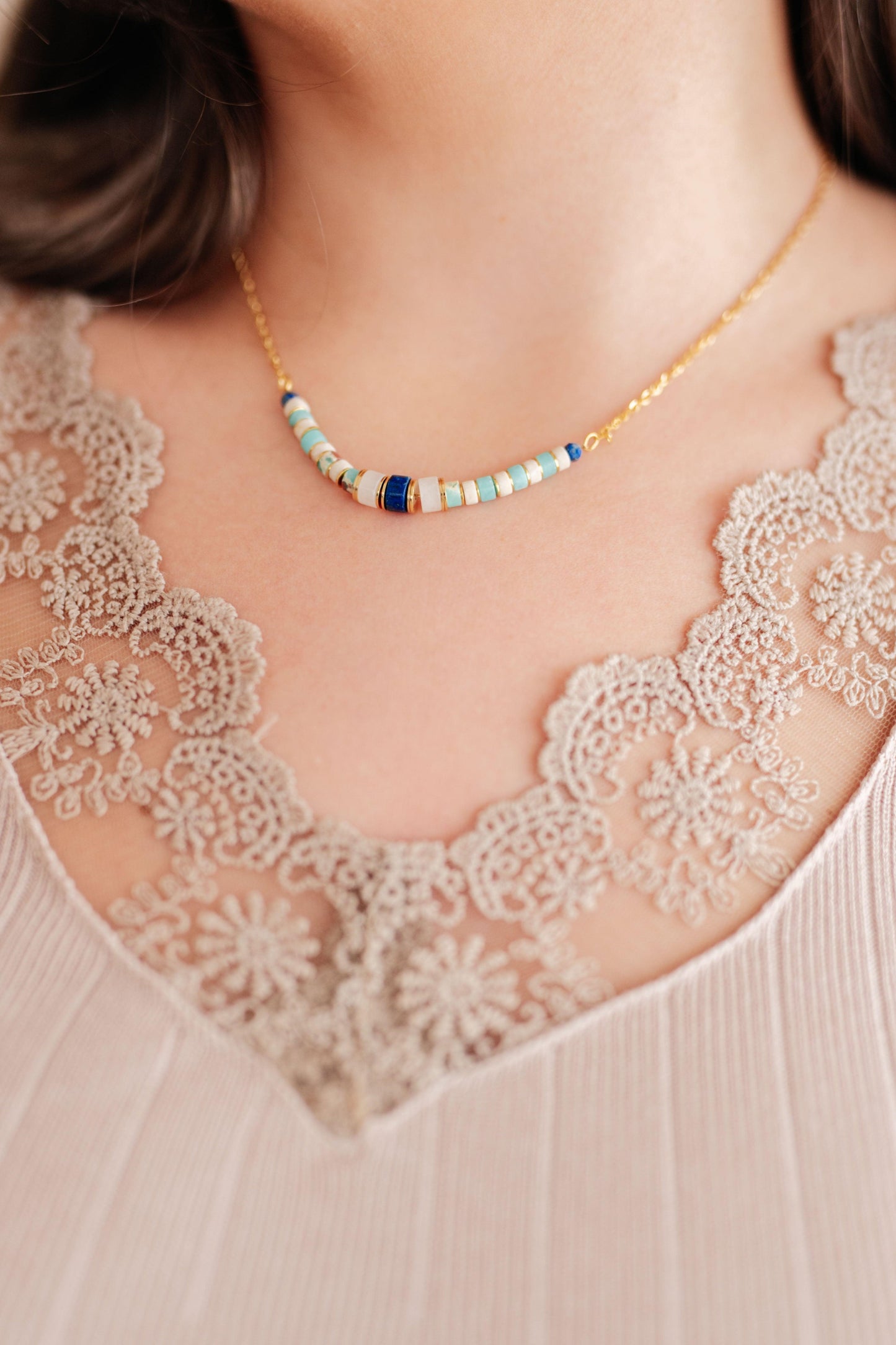 Lapis Lazuli Beaded Titanium Steel Necklace Necklaces
