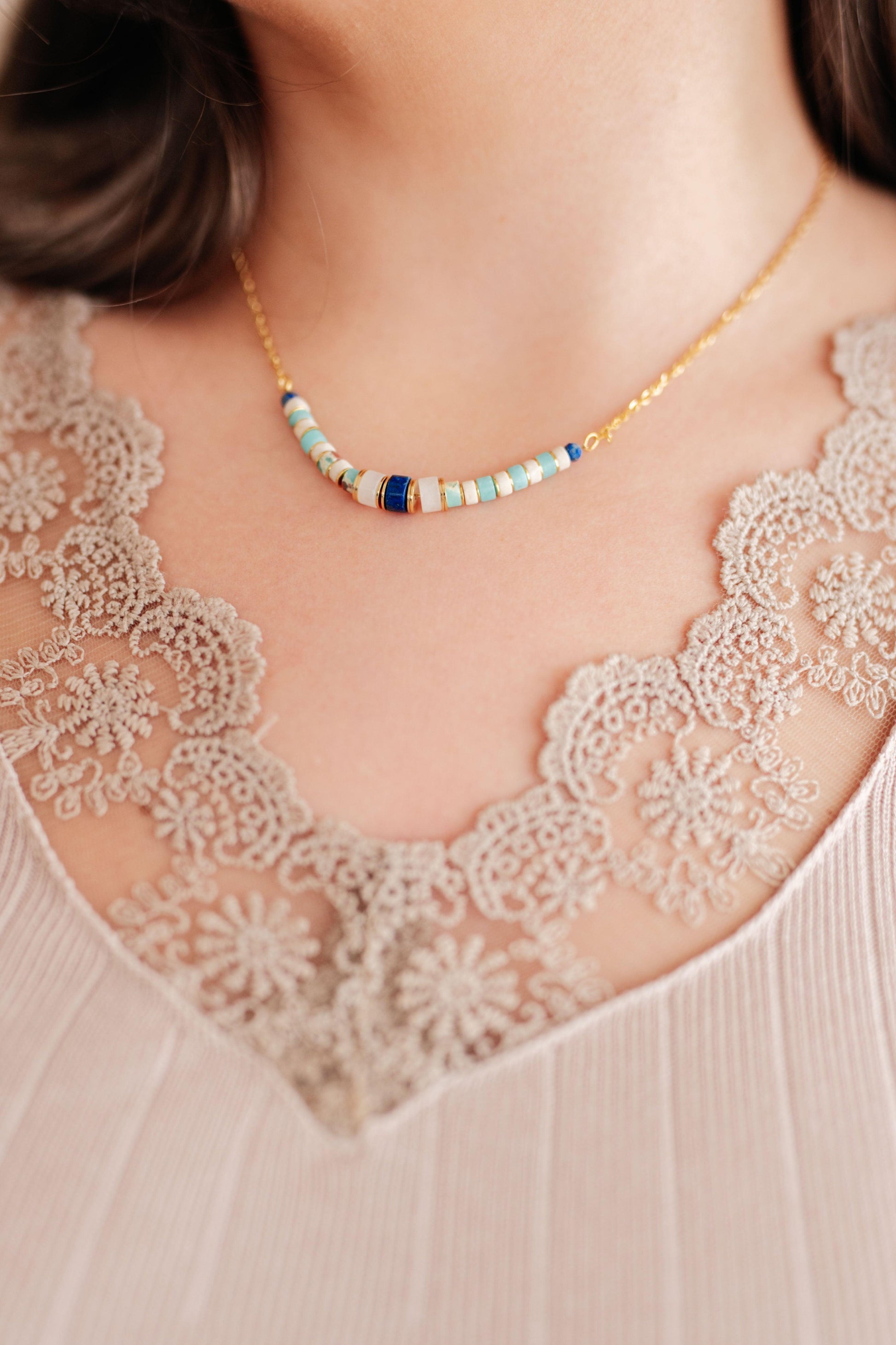 Lapis Lazuli Beaded Titanium Steel Necklace Necklaces