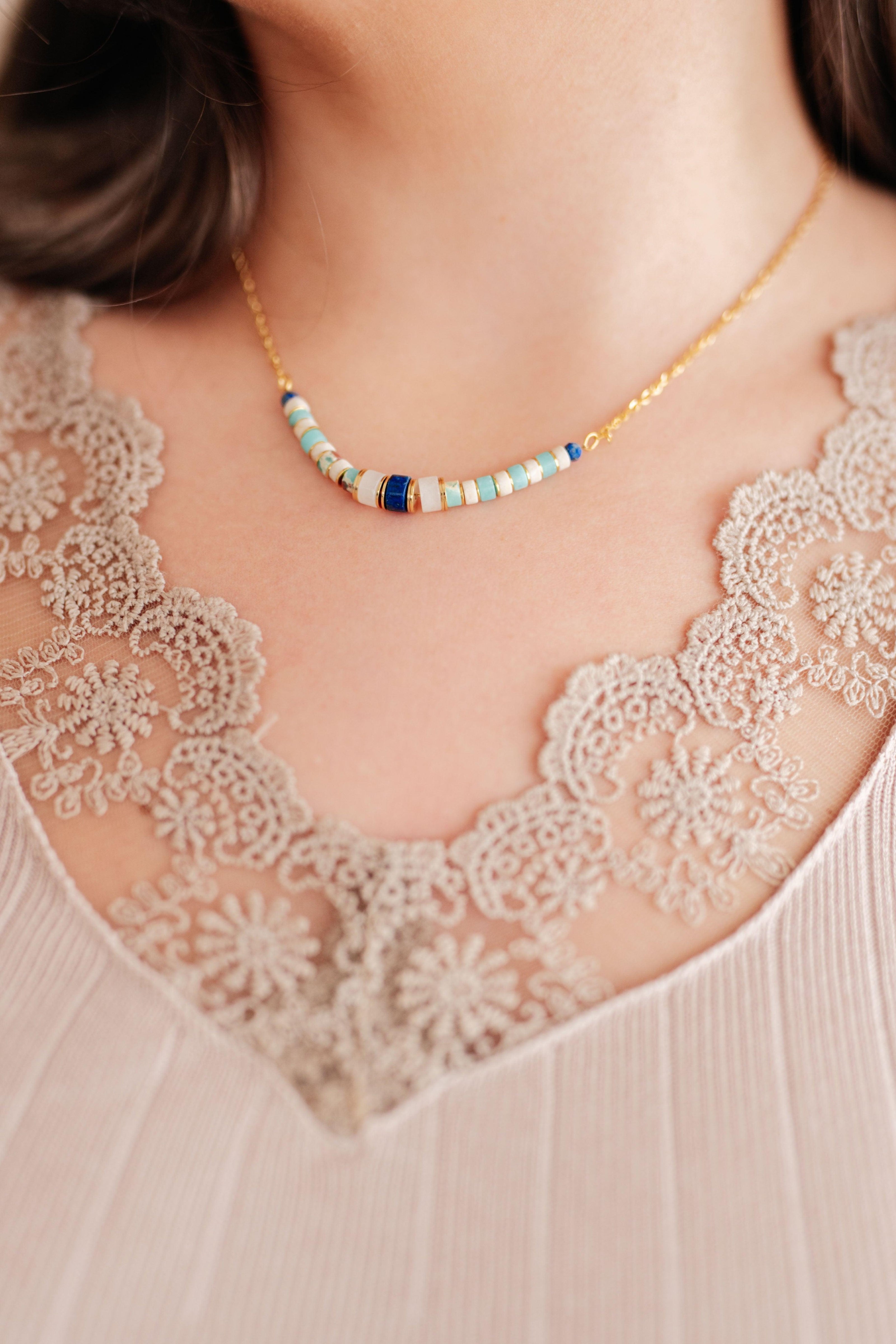 Lapis Lazuli Beaded Titanium Steel Necklace Necklaces