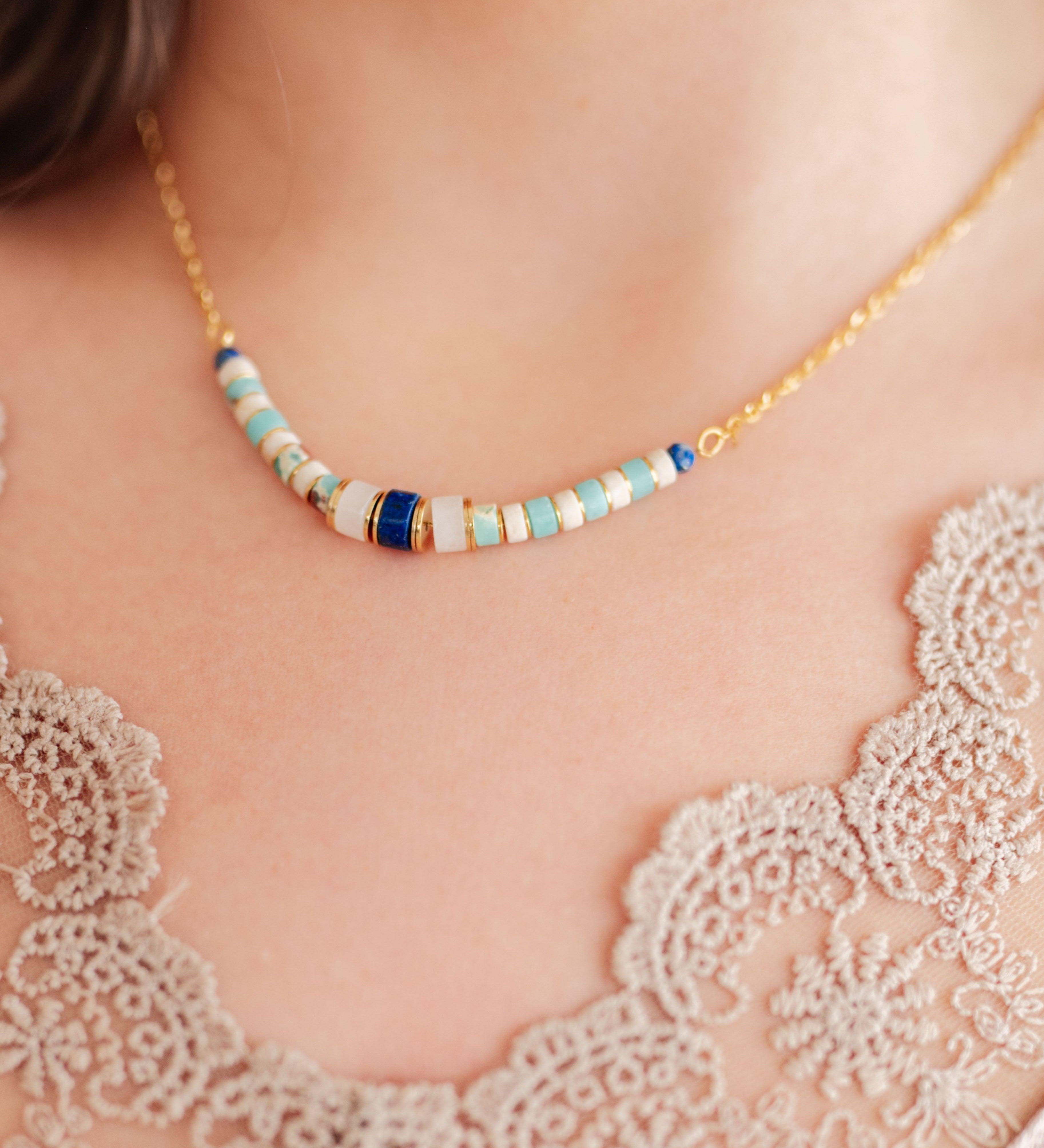 OS Gold Lapis Lazuli Beaded Titanium Steel Necklace | Necklaces Daverri Fashions