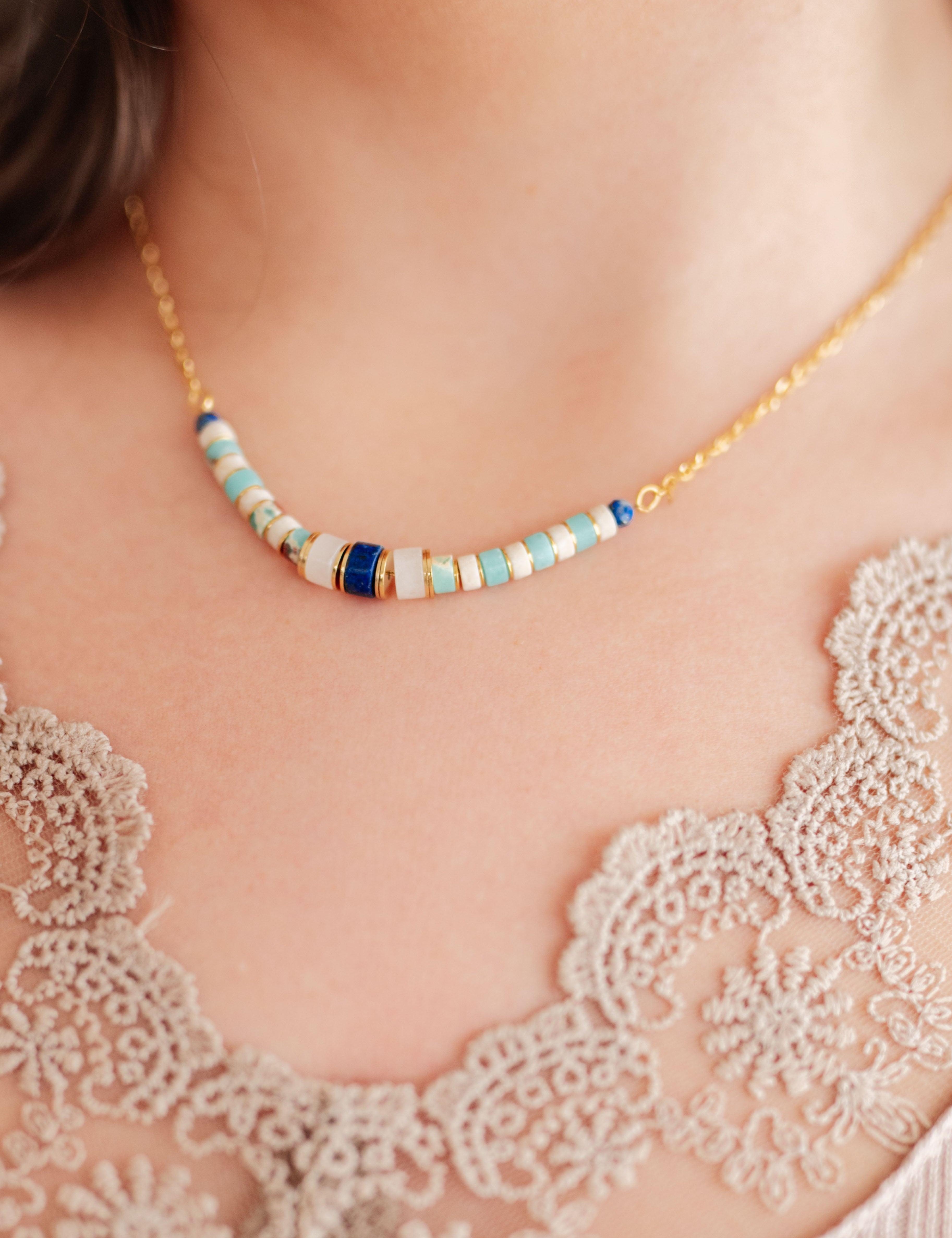 OS Gold Lapis Lazuli Beaded Titanium Steel Necklace | Necklaces Daverri Fashions