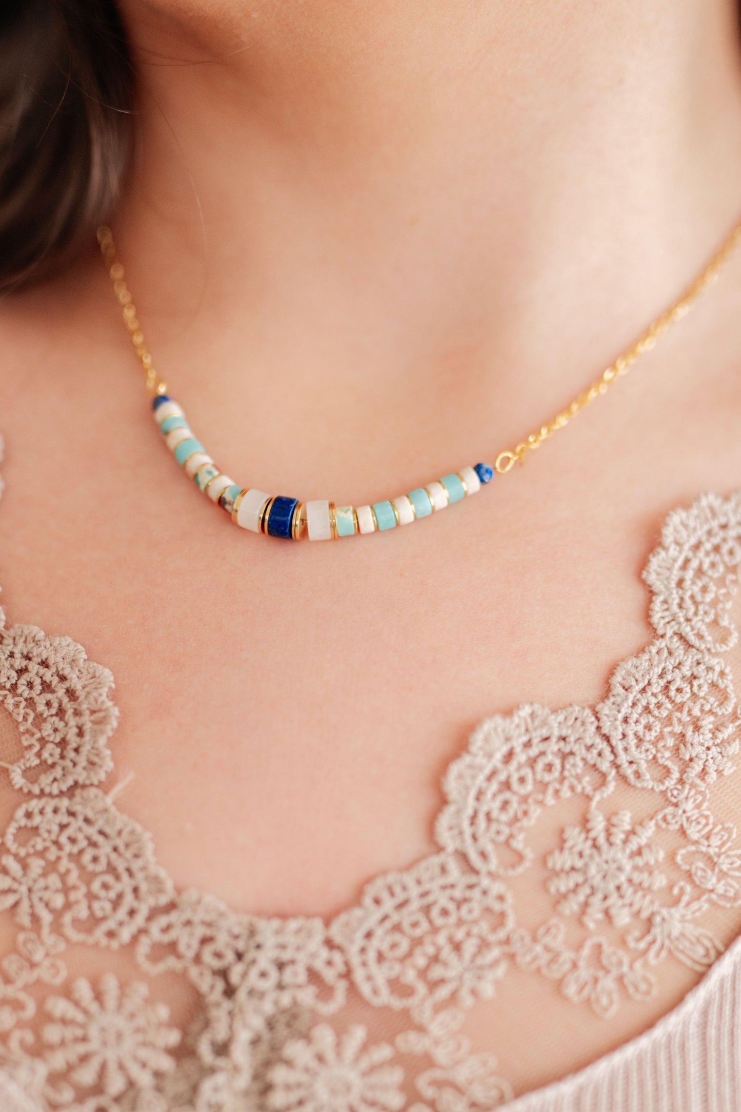 Lapis Lazuli Beaded Titanium Steel Necklace OS Gold Necklaces