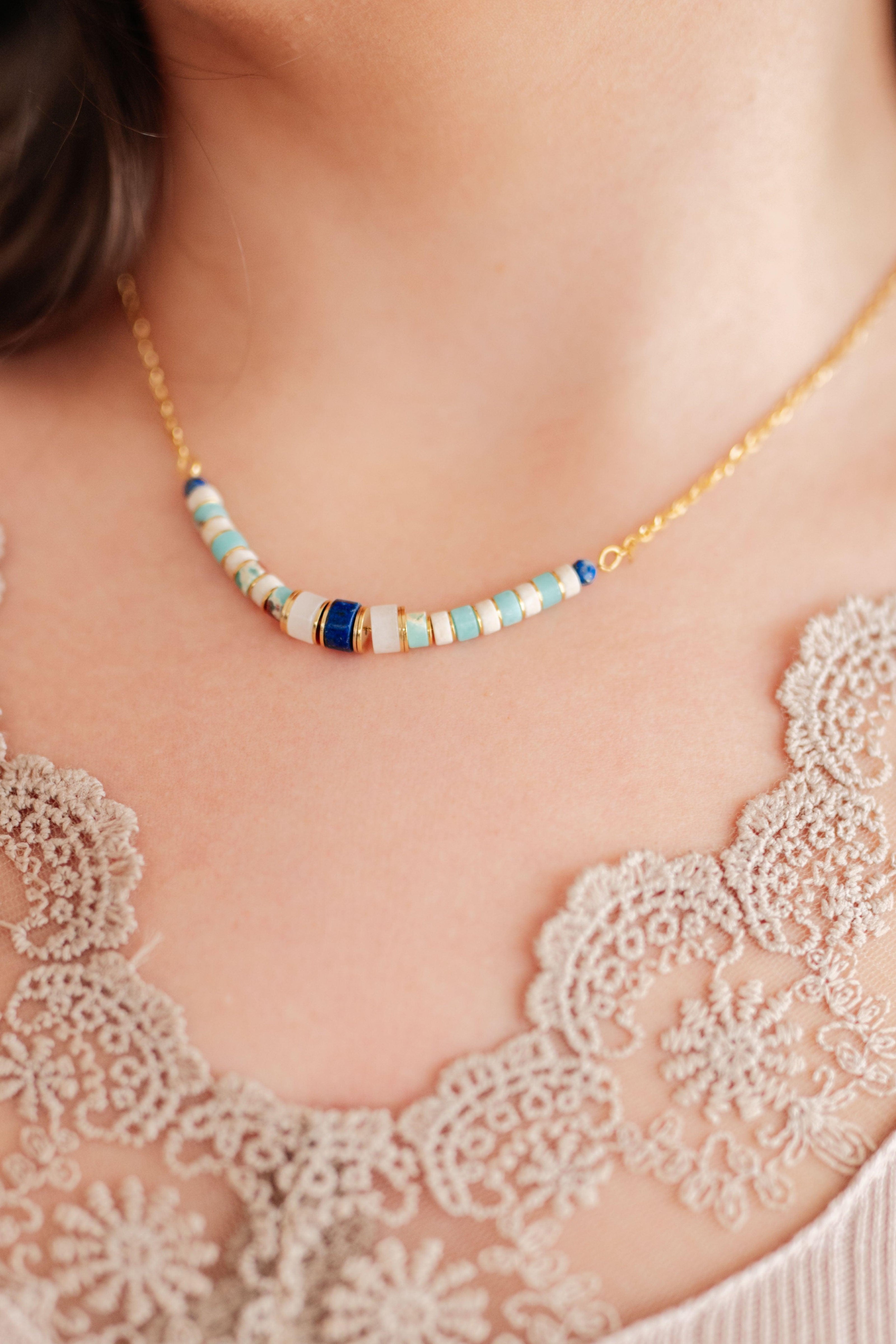 Lapis Lazuli Beaded Titanium Steel Necklace OS Gold Necklaces